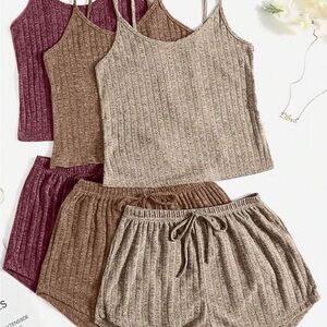 Elegant Ribbed Knit Pajama Set - Burgundy, Brown, Beige